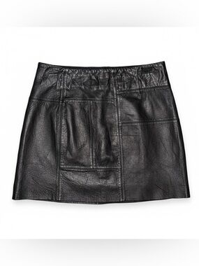 Black Leather Mini Skirt Panel Patchwork NWOT Lined Back Zip XS